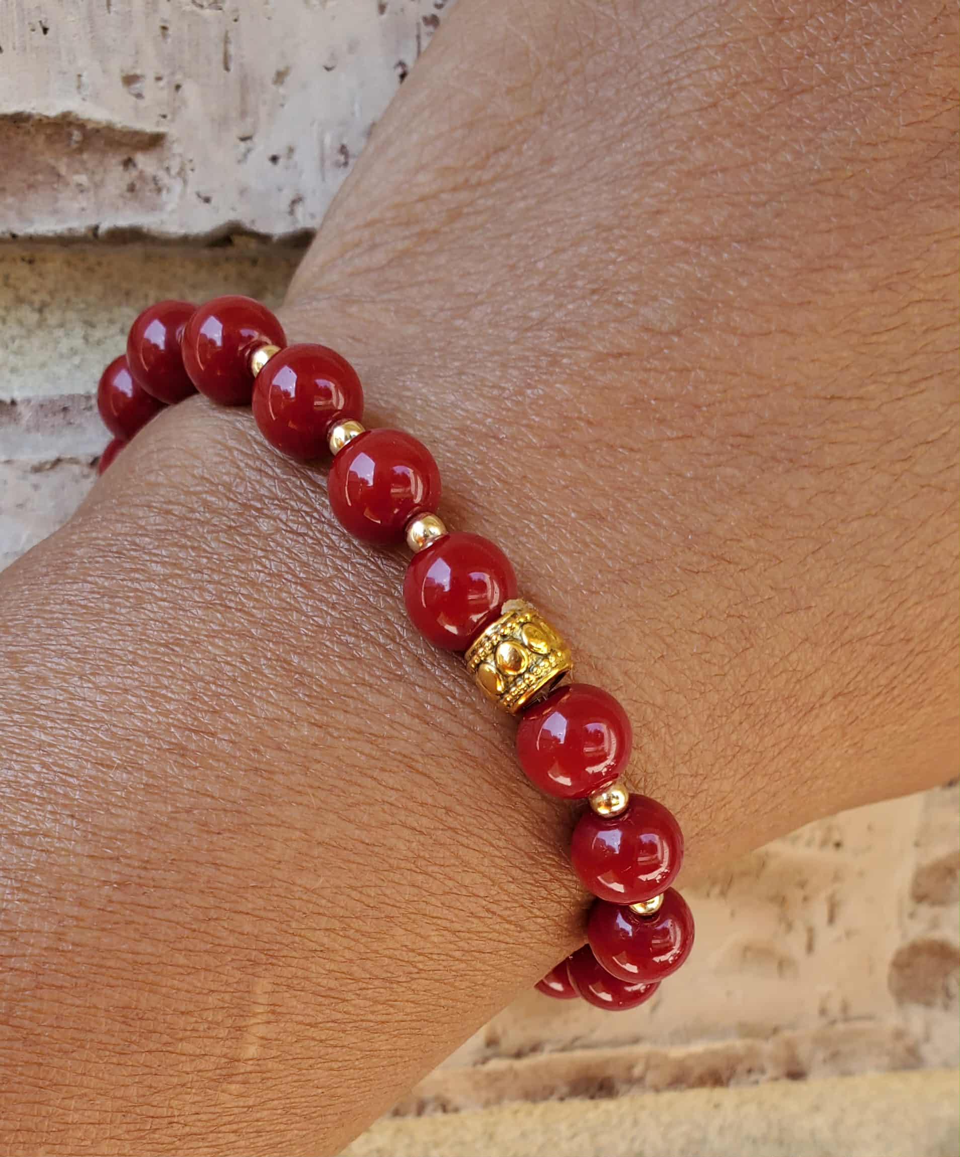 Burgundy Bracelet with Mini Gold Beads – 6” Ladies