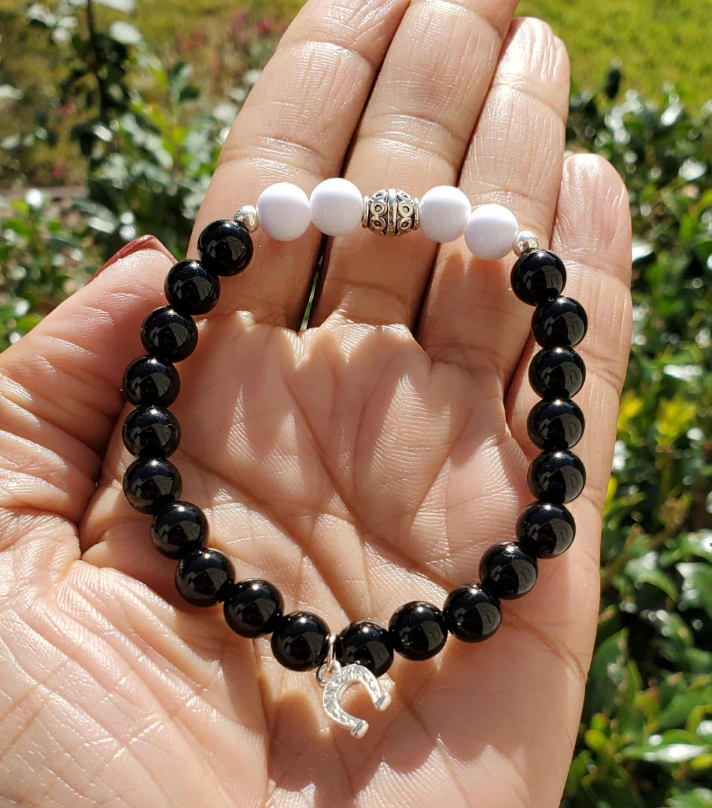 Black and White Lucky Starlight Bracelet – 6.5" (Ladies/Teen with Horseshoe Charm