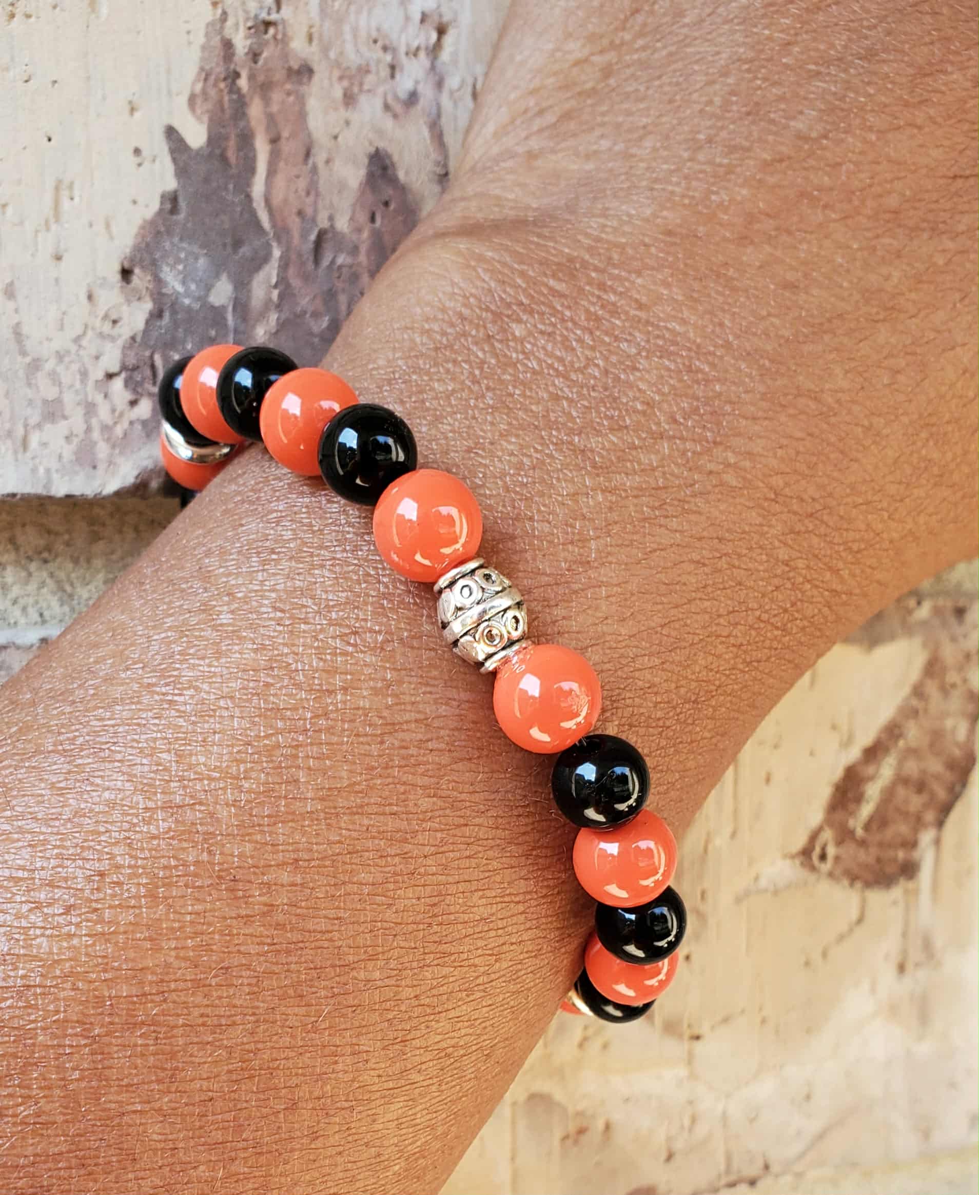 6" Orange & Black Acrylic Beaded Bracelet with Silver Spacers – Holiday & Team Spirit