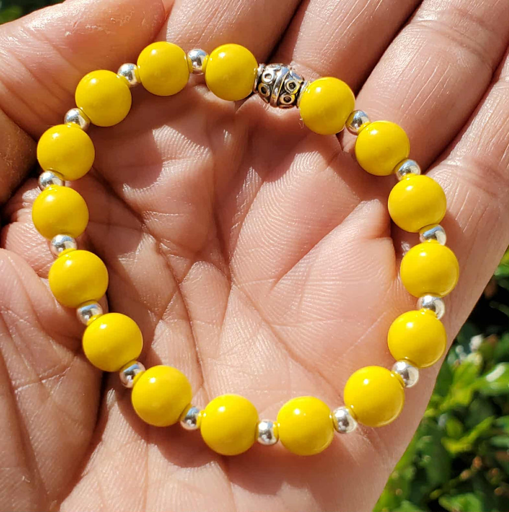Mustard Yellow Glass Beaded Bracelet with Silver Accents