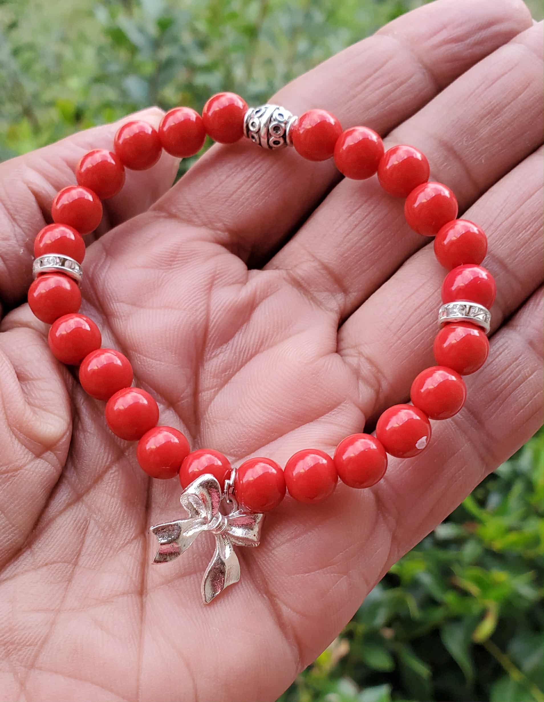 White, Red or Black Beaded Bracelet with Silver Ribbon Charm – 6.5” Ladies