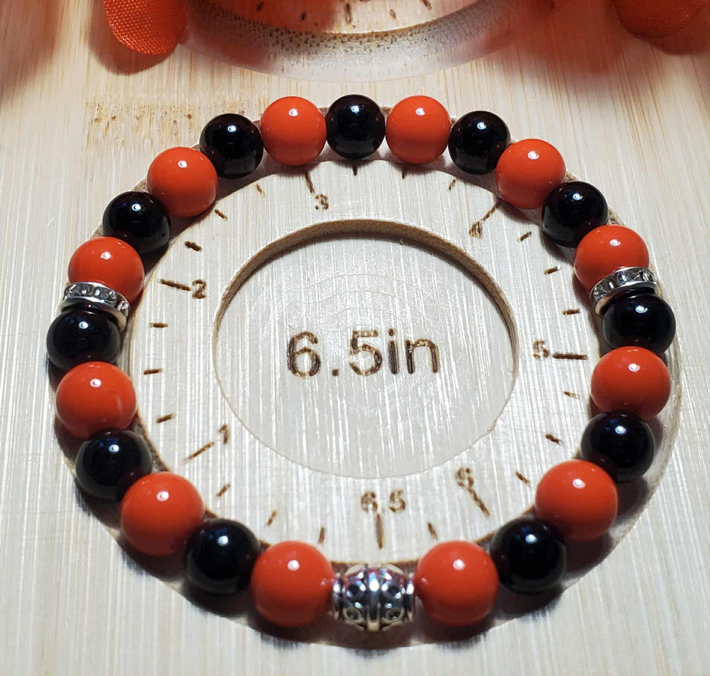 6" Orange & Black Acrylic Beaded Bracelet with Silver Spacers – Holiday & Team Spirit