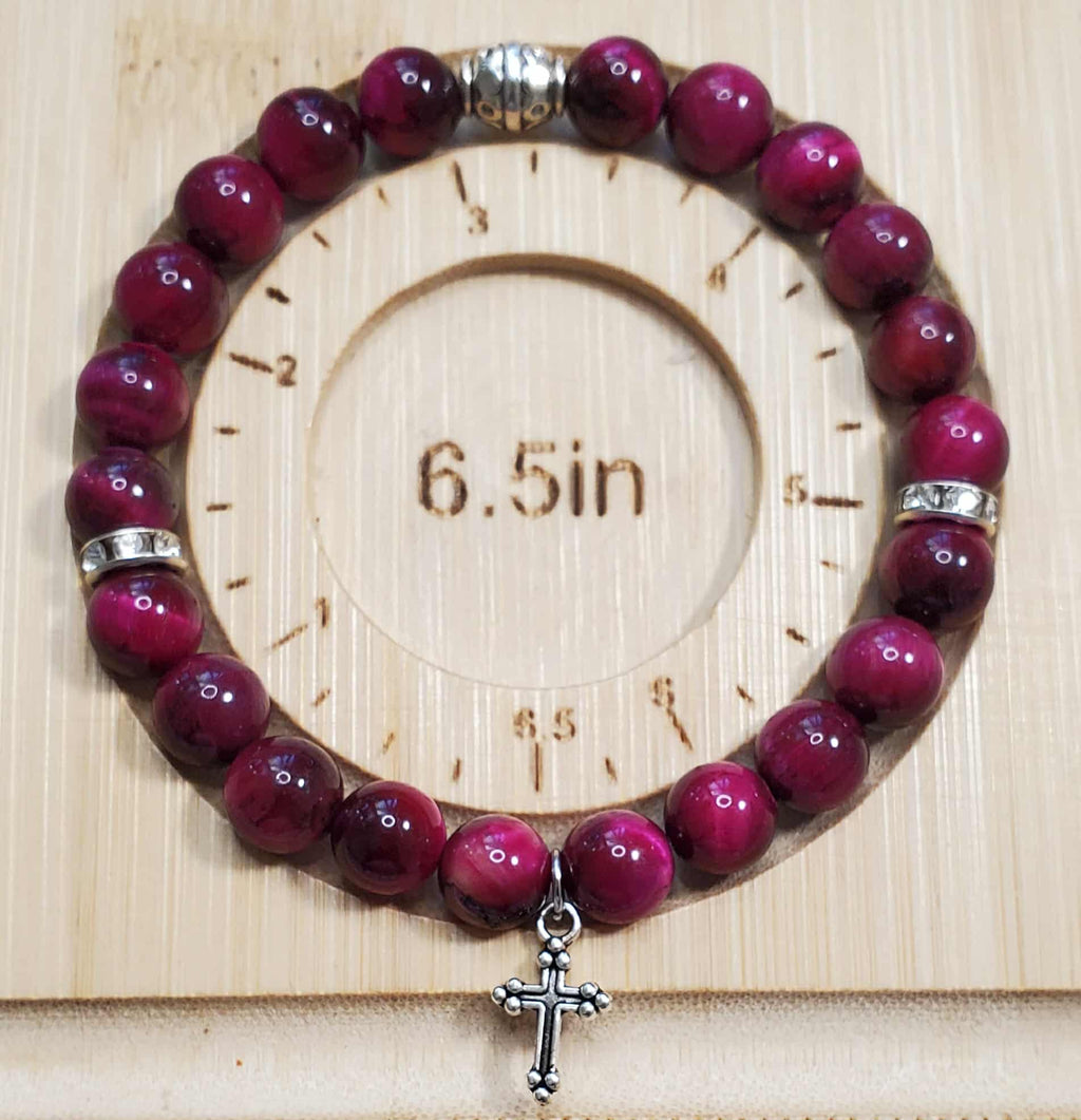 Burgundy Tiger Eye Radiance (6.5") WITH Cross Charm