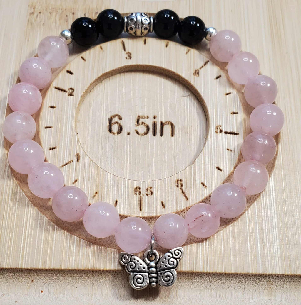 Rose Quartz & Black Bracelet with Butterfly Charm