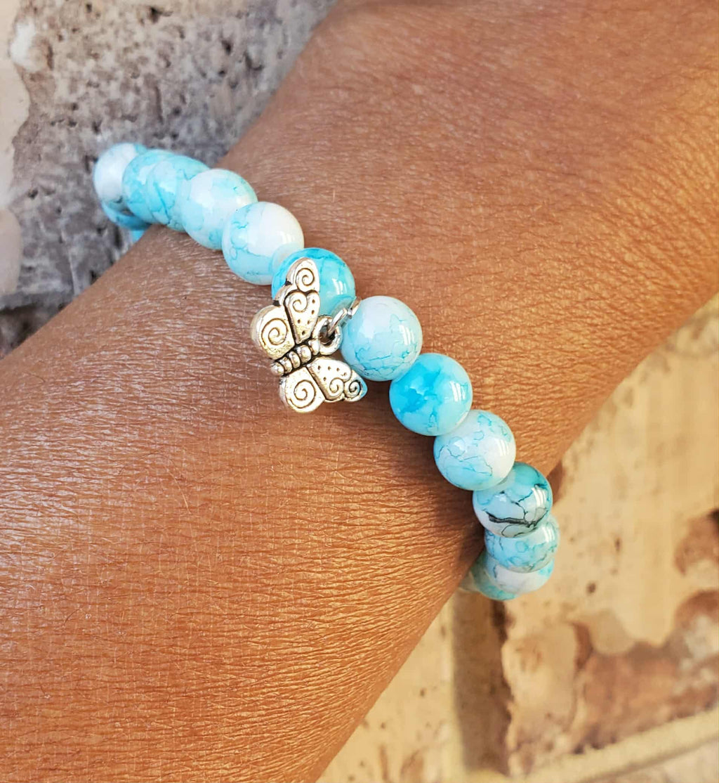 Turquoise Glass & Marble  - White Bracelet with Butterfly Charm