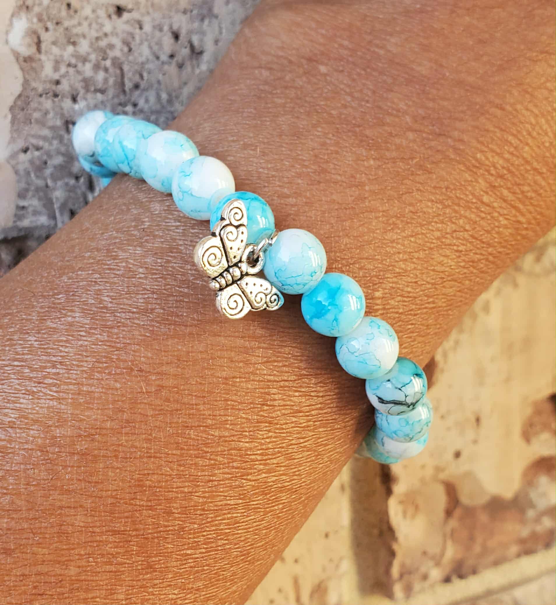 Turquoise Glass & Marble  - White Bracelet with Butterfly Charm