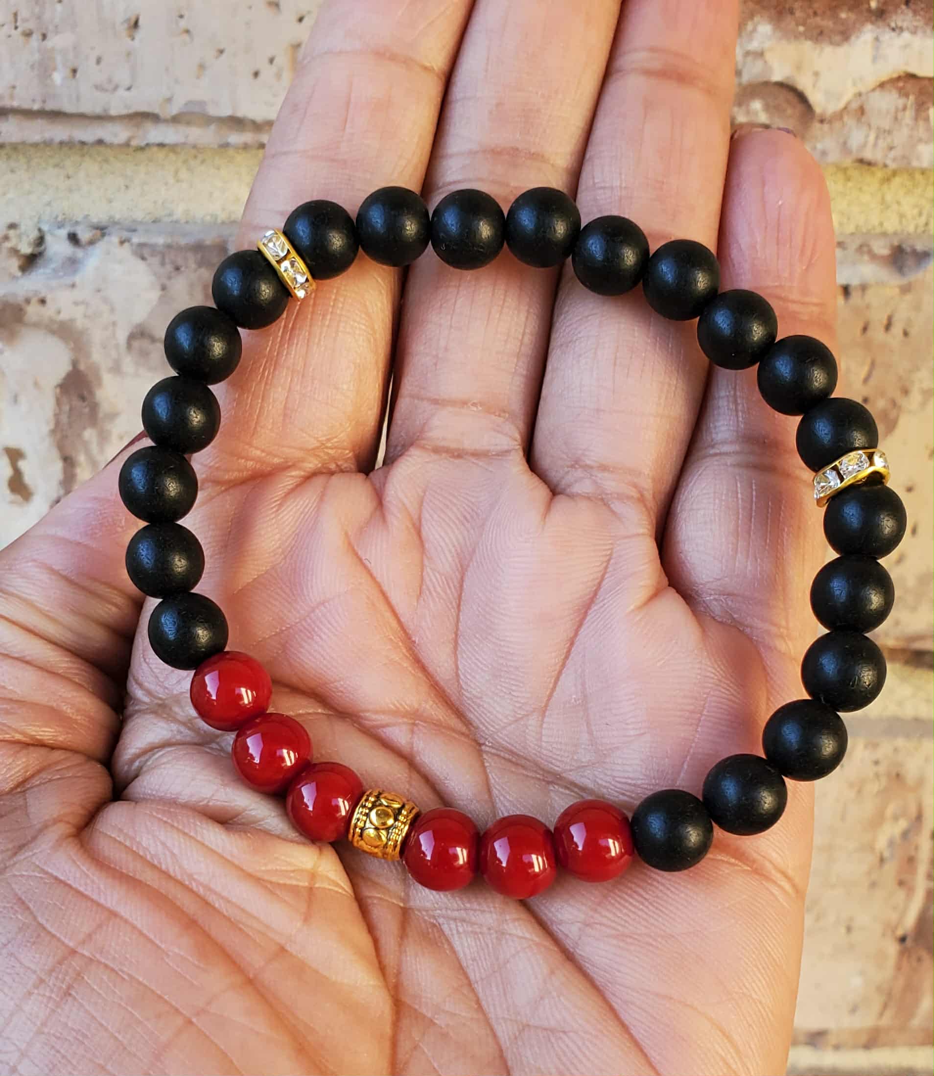 Men's Midnight Warrior (7.5") Matte Black and Dark Red Beads with Gold Spacer
