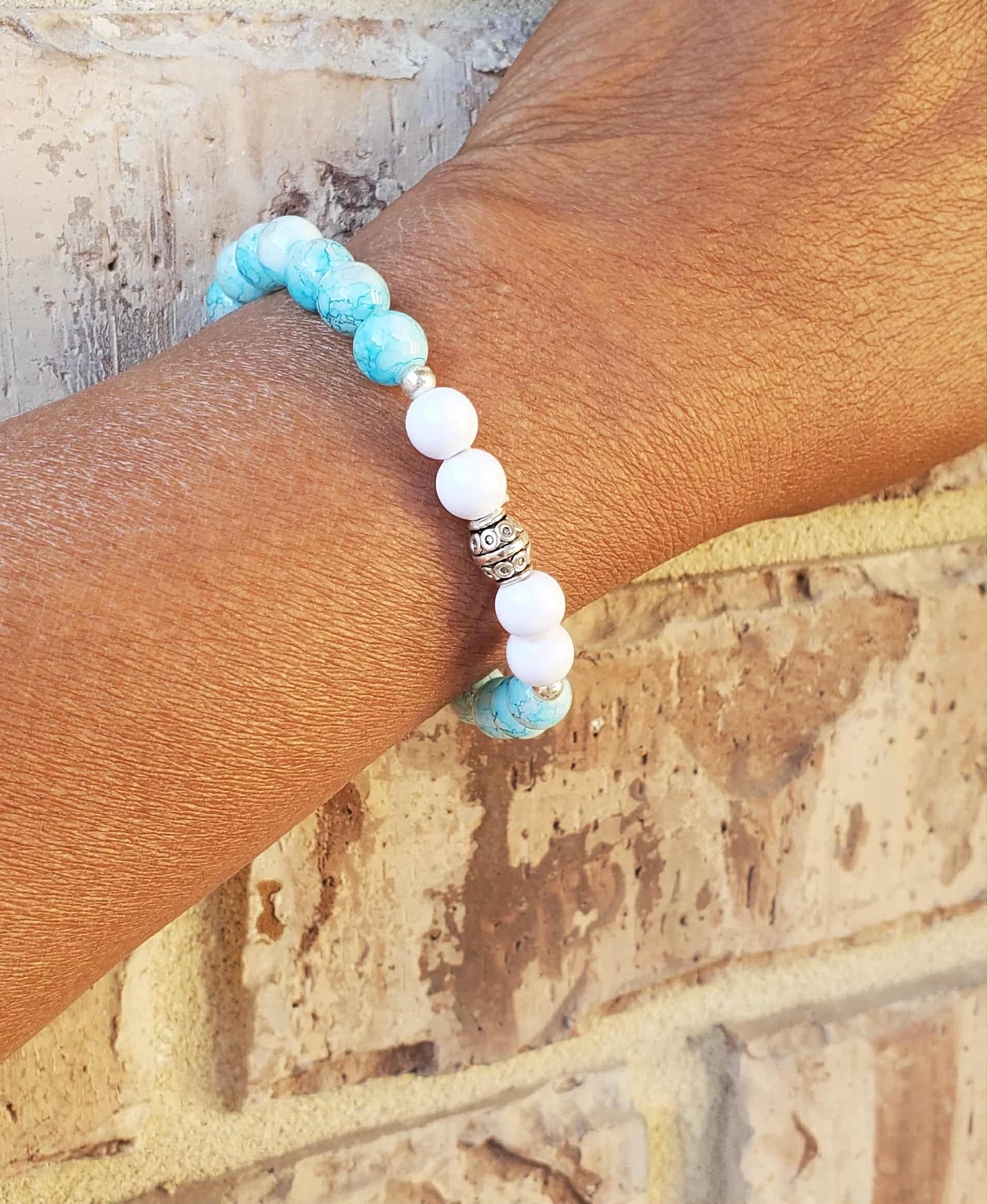 Turquoise Glass & Marble  - White Bracelet with Butterfly Charm
