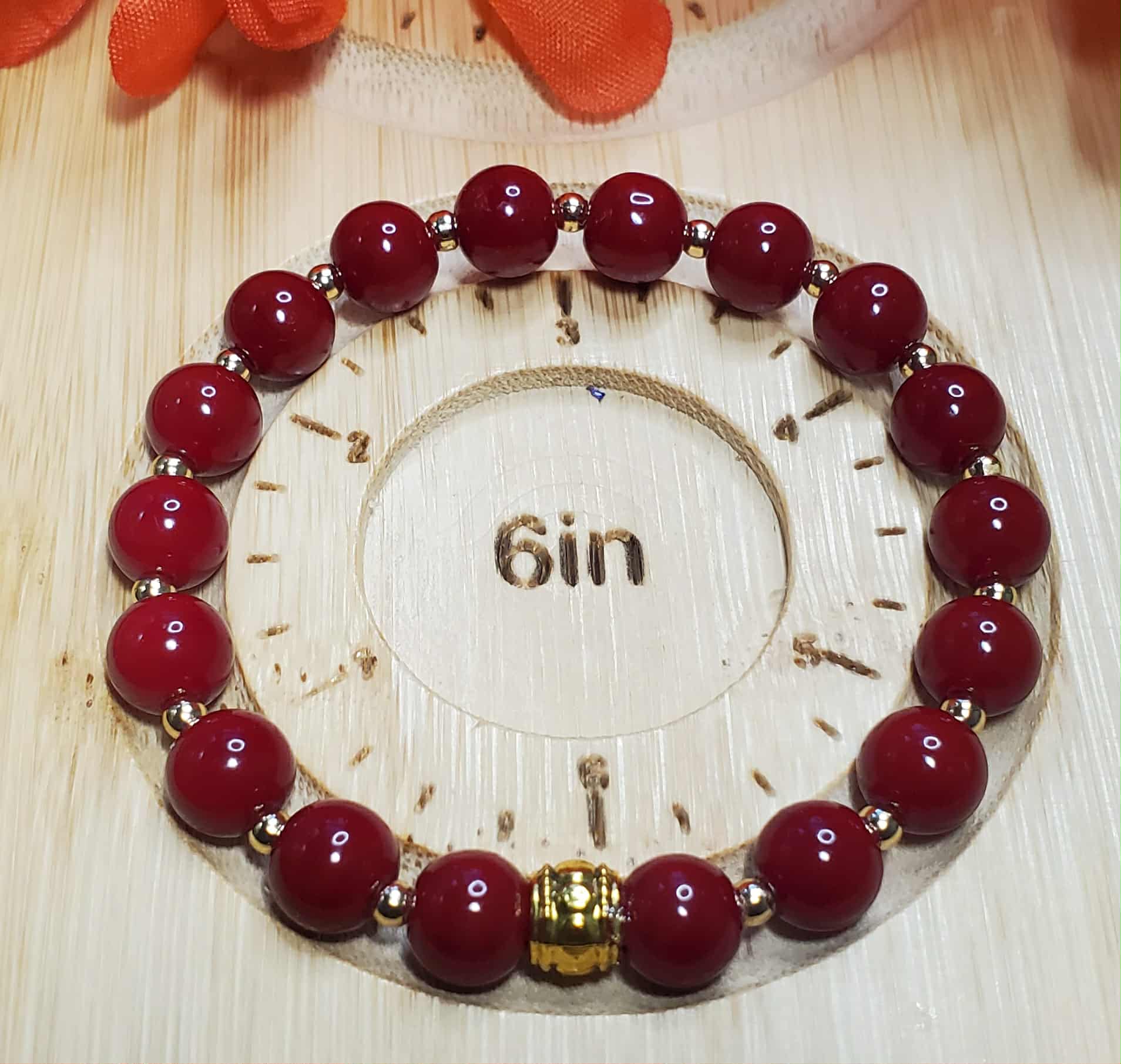 Burgundy Bracelet with Mini Gold Beads – 6” Ladies