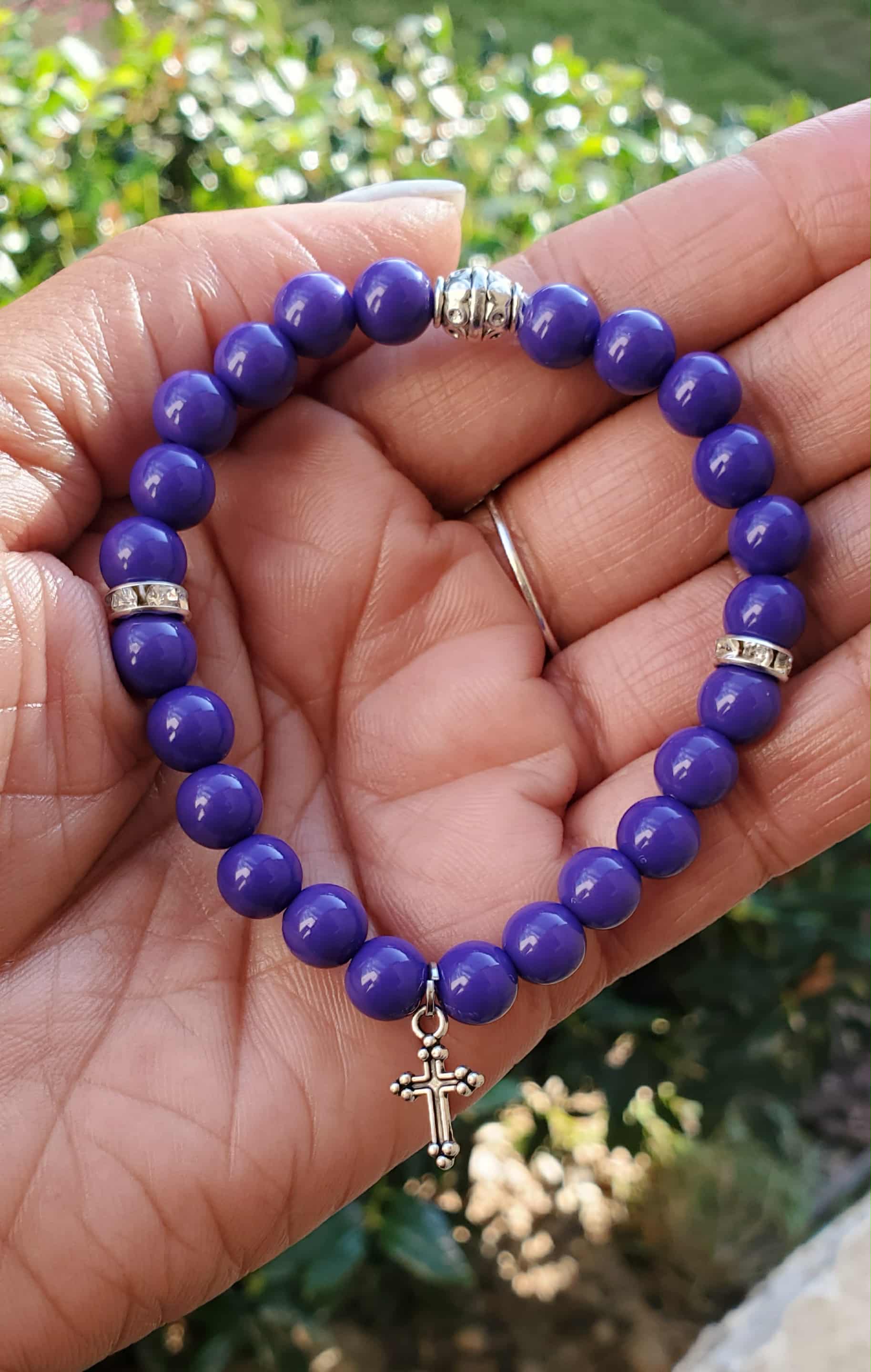 Deep Purple Bracelet Silver Cross Charm