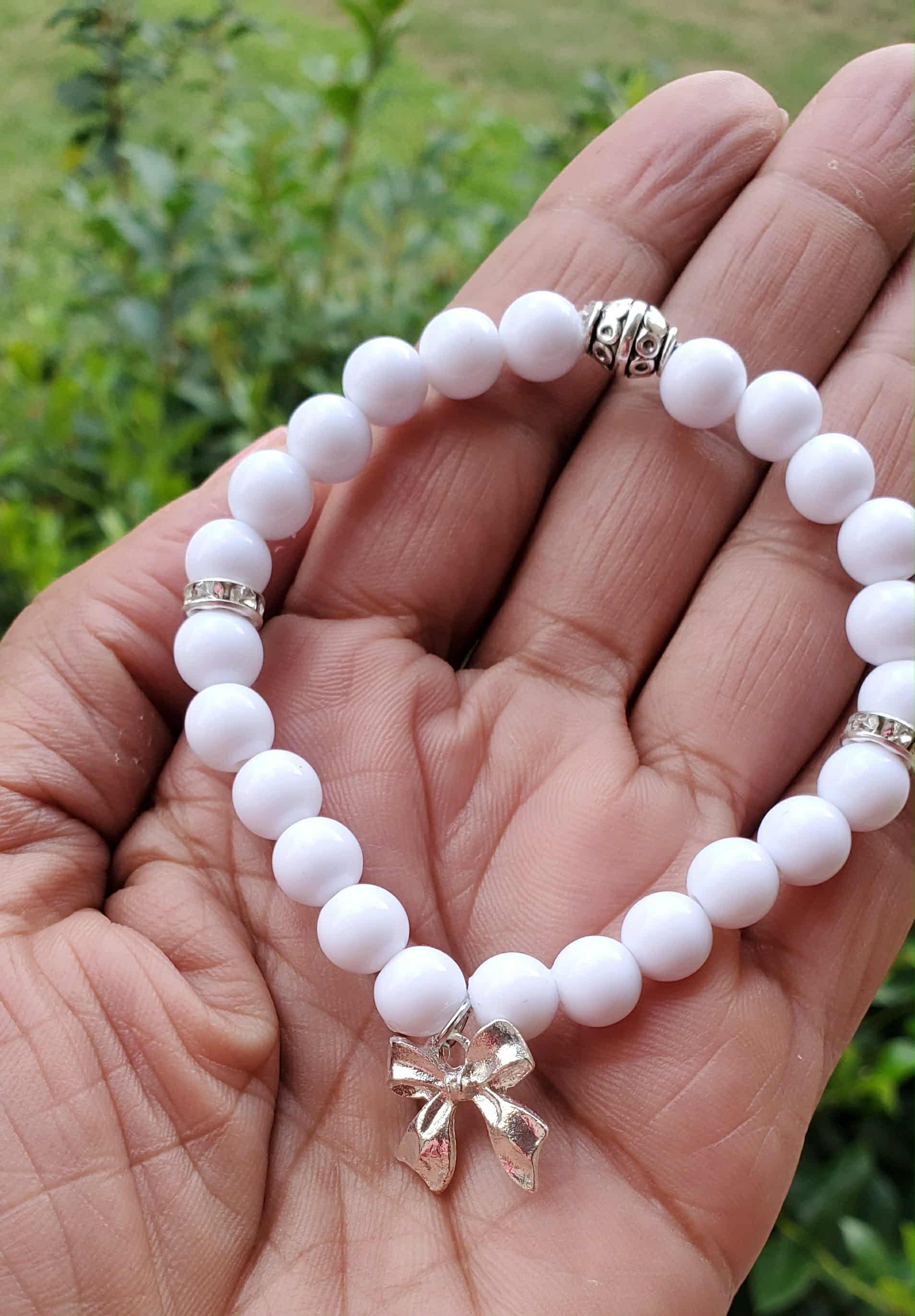 White, Red or Black Beaded Bracelet with Silver Ribbon Charm – 6.5” Ladies