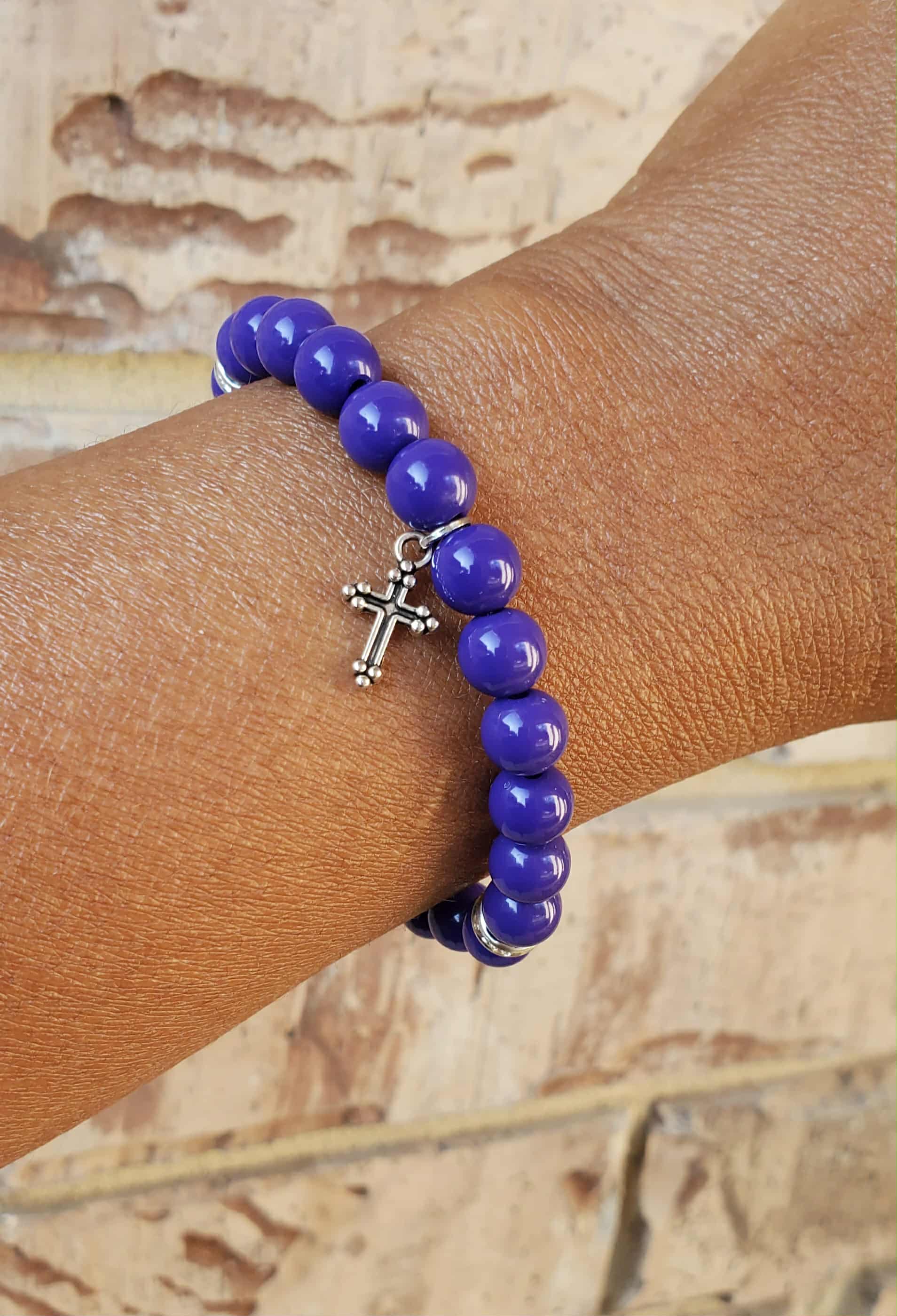 Deep Purple Bracelet Silver Cross Charm