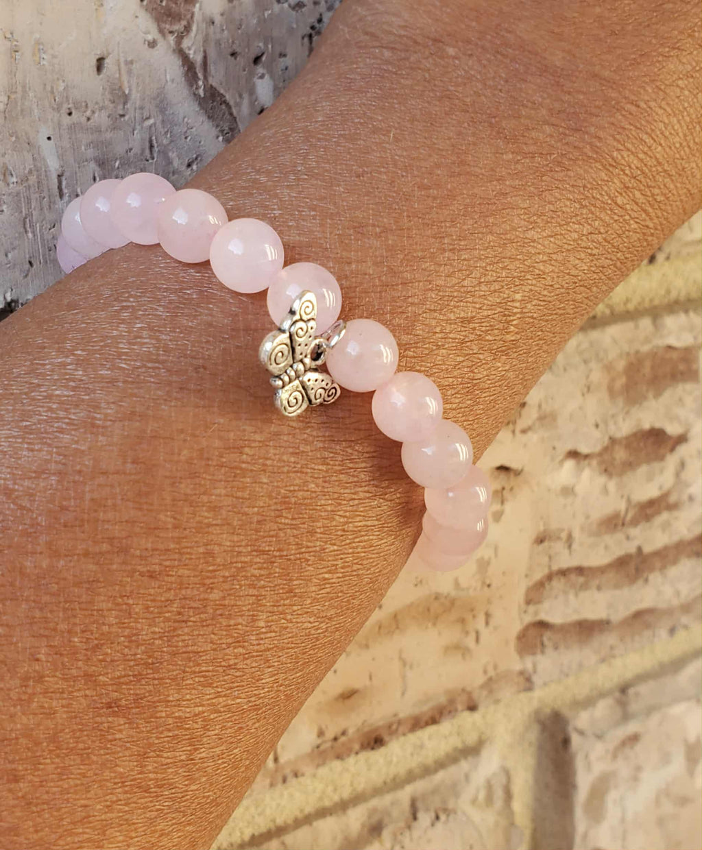 Rose Quartz & Black Bracelet with Butterfly Charm