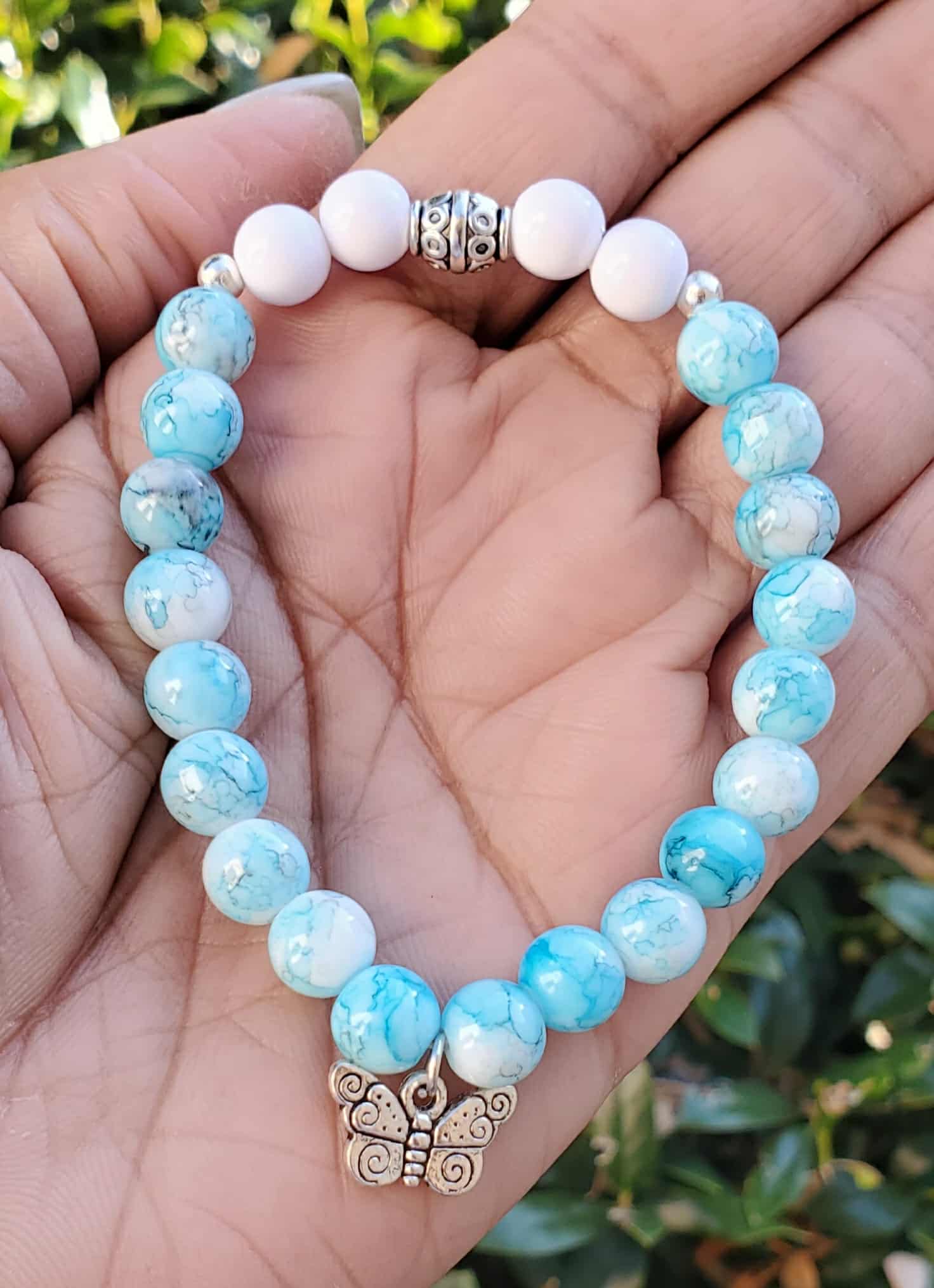 Turquoise Glass & Marble  - White Bracelet with Butterfly Charm