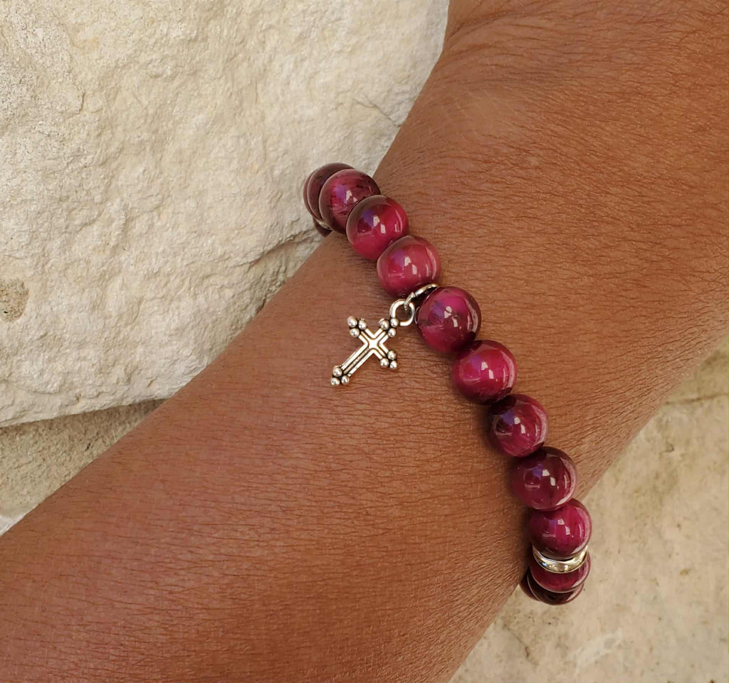 Burgundy Tiger Eye Radiance (6.5") WITH Cross Charm