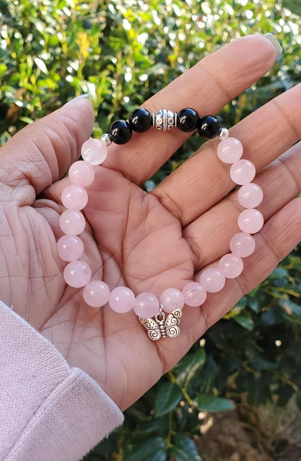 Rose Quartz & Black Bracelet with Butterfly Charm