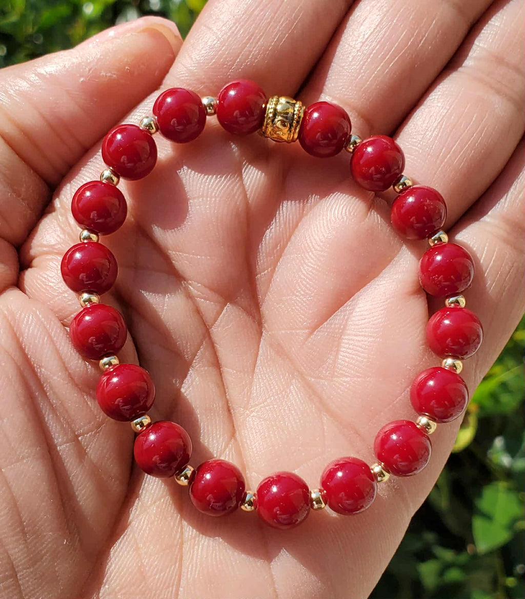 Burgundy Bracelet with Mini Gold Beads – 6” Ladies
