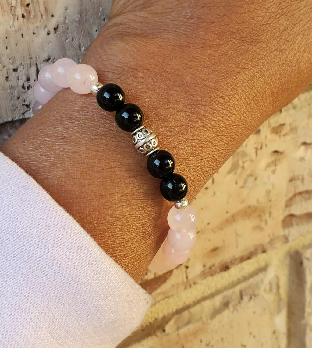 Rose Quartz & Black Bracelet with Butterfly Charm
